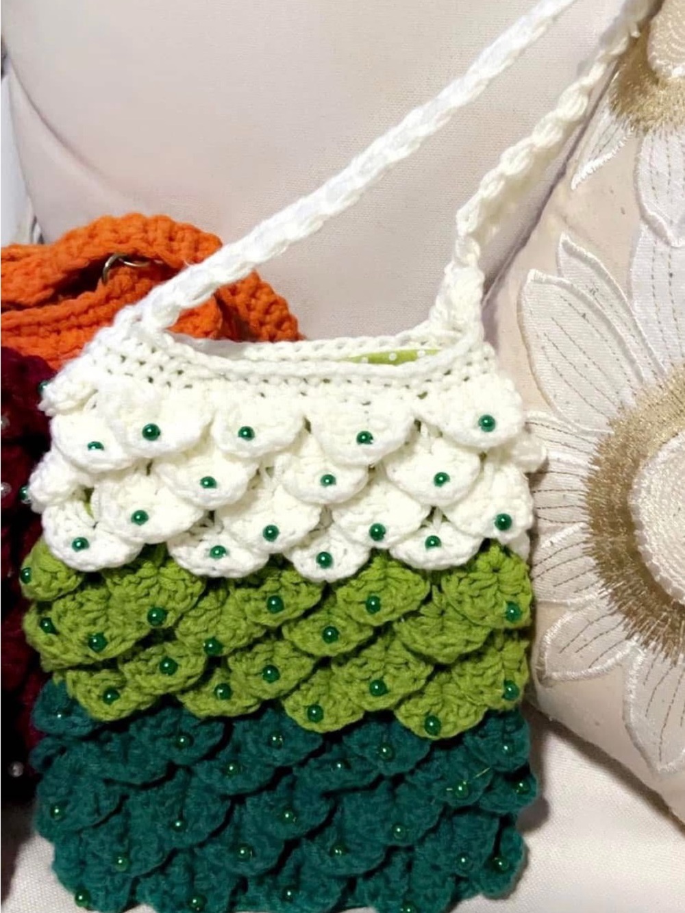 Handmade White and Green Crocheted Scale-Pattern Shoulder Bag